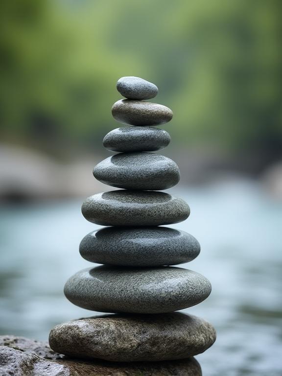 Piedras apiladas en equilibrio frente a un fondo natural y sereno.