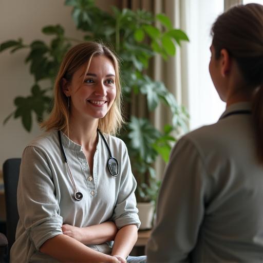 Profesional de la salud escuchando atentamente a un paciente en un ambiente cálido.